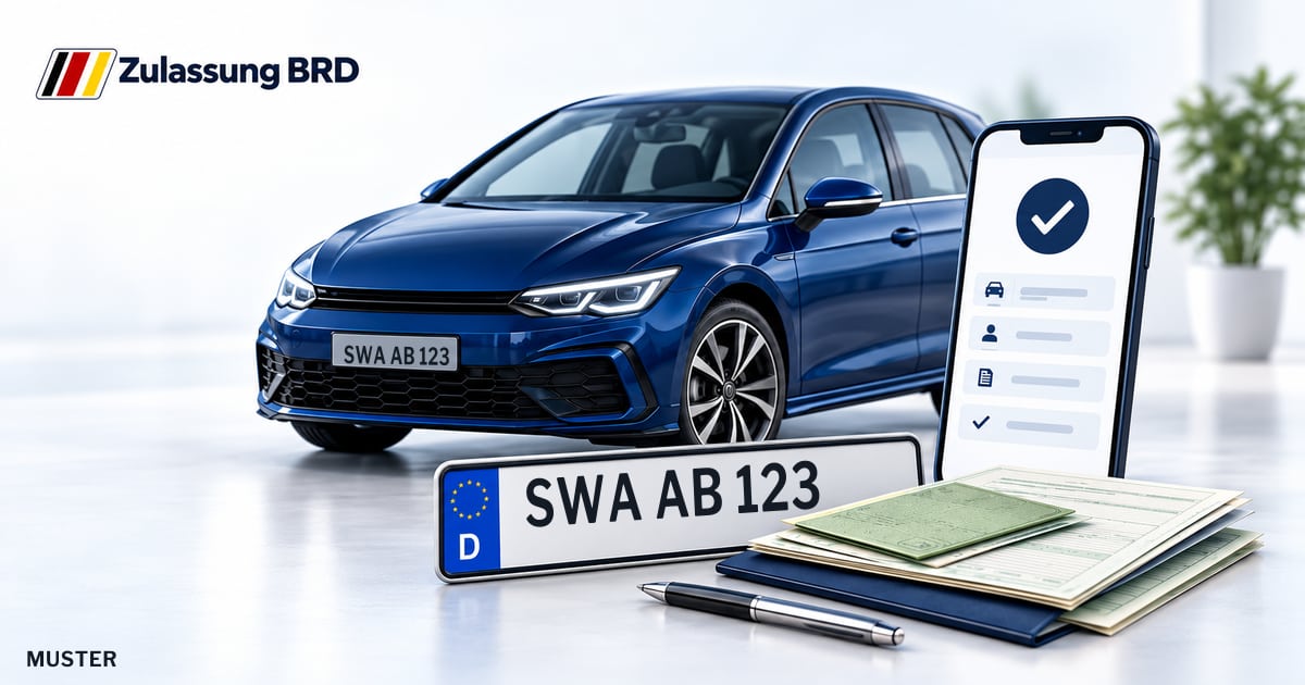 Online Fahrzeugzulassung in Heidenrod: Musterkennzeichen SWA AB 123, Auto und Fahrzeugpapiere und Smartphone. Illustration mit Logo von Zulassung BRD.